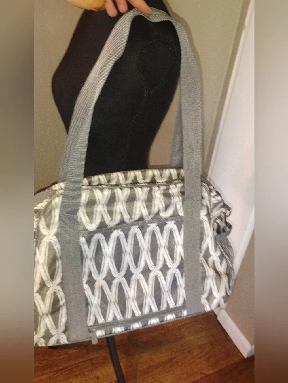 Thirty -one All in Tote Gray and White Patterned Crossbody Tote Bag